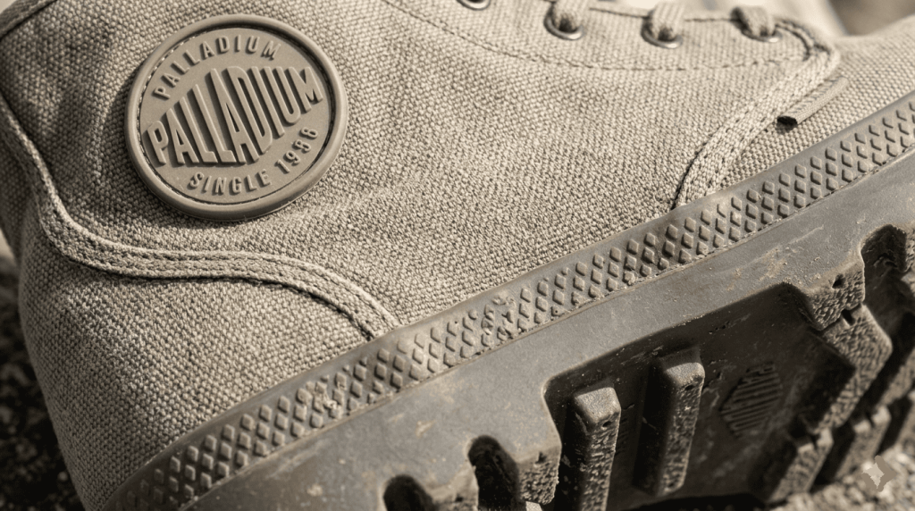 Palladium Pampa Hi en toile, logo rond sur la cheville visible