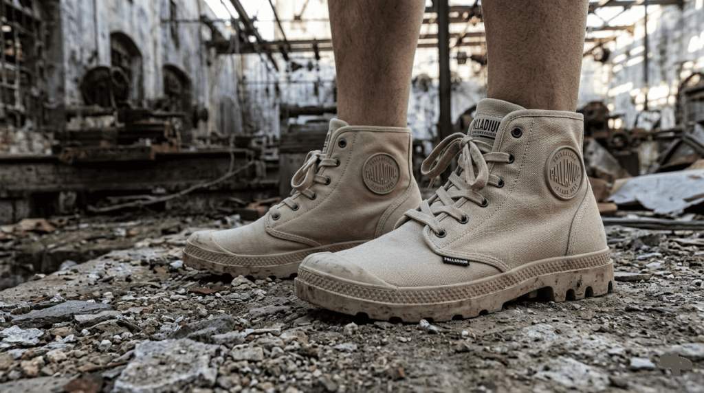 Personne marchant en ville avec Palladium toile beige