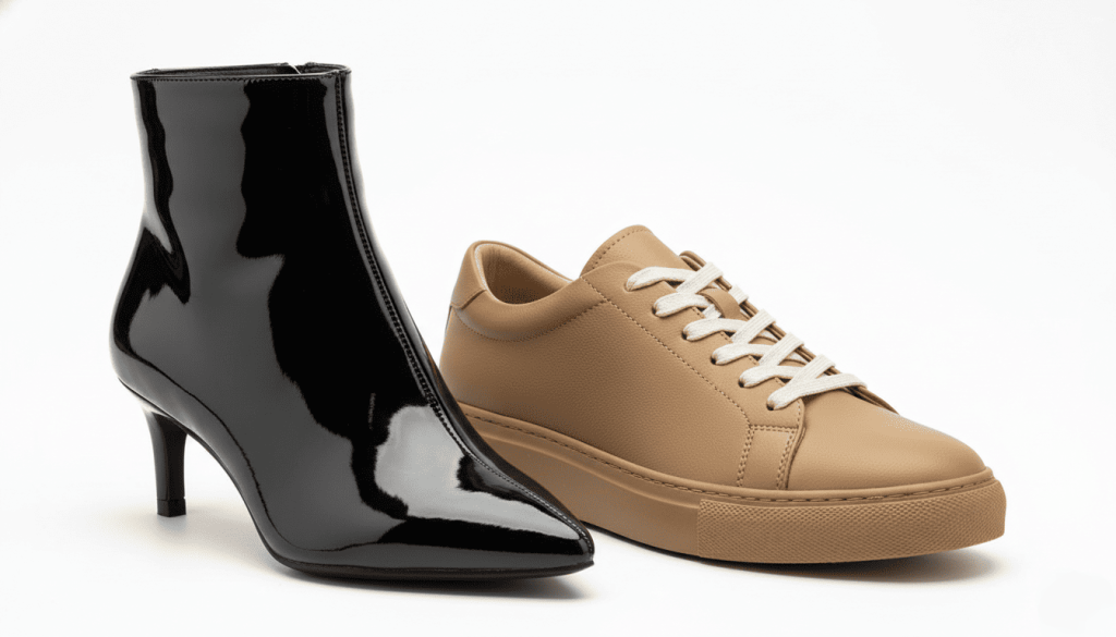 deux chaussures vegan côte à côte, une en matériau brillant type PVC, une en matériau mat type PU