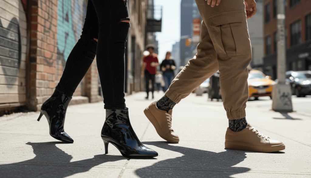 chaussures vegan portées en ville, une paire brillante et une mate