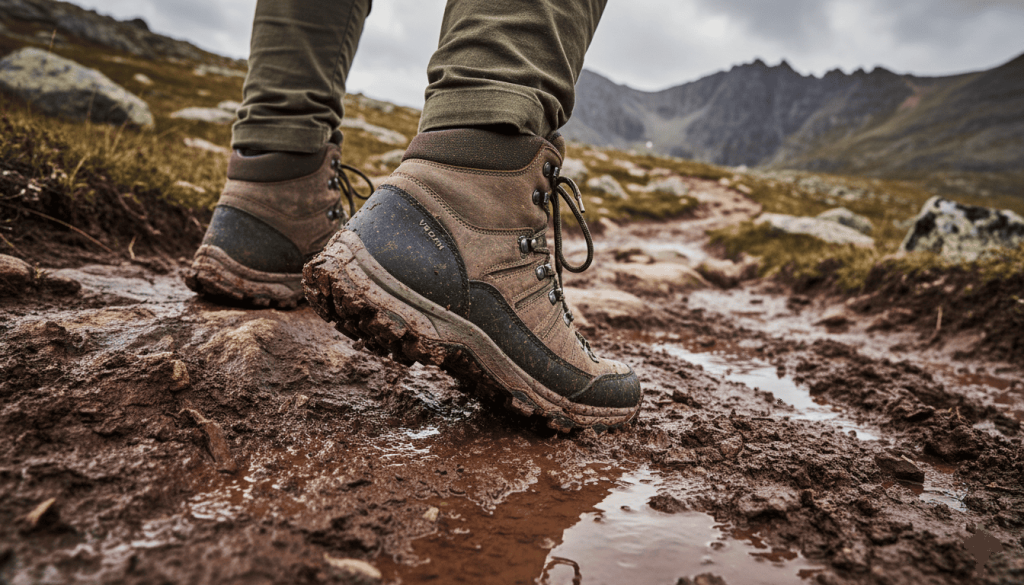 chaussures de randonnée vegan en terrain montagneux, boue et rochers