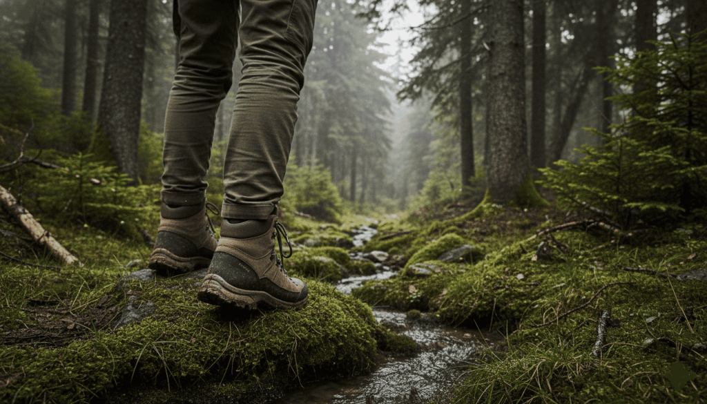 randonneur marchant en forêt avec chaussures vegan imperméables
