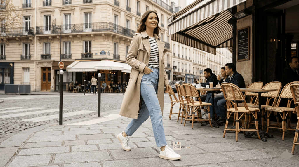 Femme marchant dans une rue parisienne avec chaussures vegan fabriquées en France
