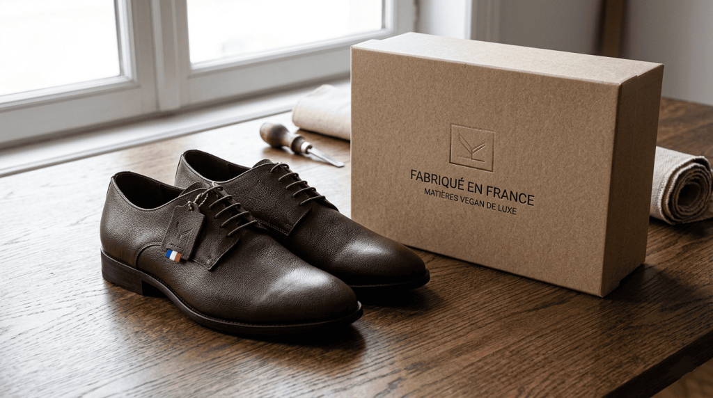 Paire de chaussures vegan élégantes fabriquées en France, avec boîte marquée “fabriqué en France”