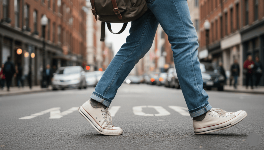 un jeune adulte marchant dans une rue urbaine, portant des sneakers vegan abordables type toile blanche style Converse