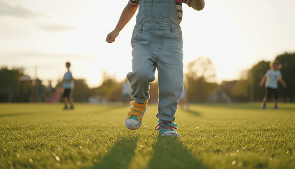 n enfant jouant dans un parc avec des baskets vegan colorées (scratch ou lacets)
