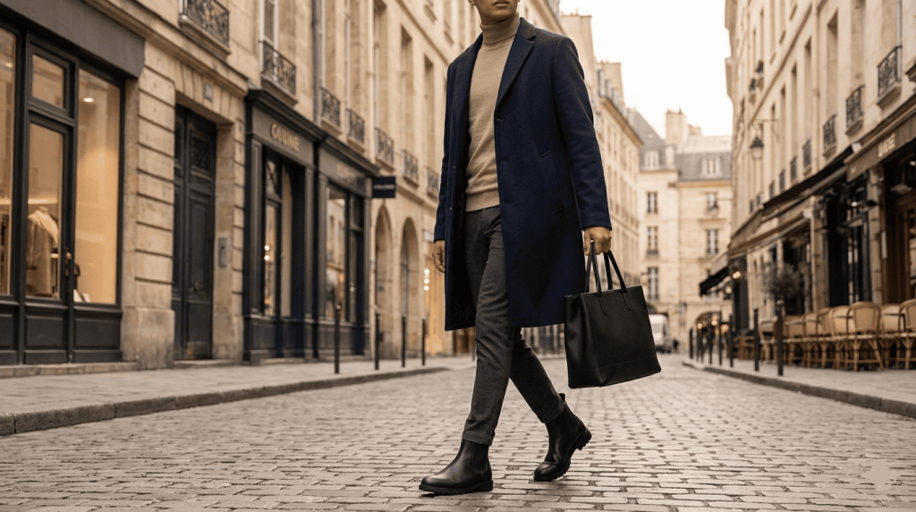 Homme en tenue smart casual avec chelsea boots vegan noires
