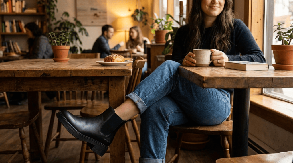 Personne assise dans un café avec des chelsea boots vegan