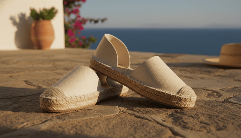 espadrilles vegan en toile et semelle corde, posées sur sol en pierre