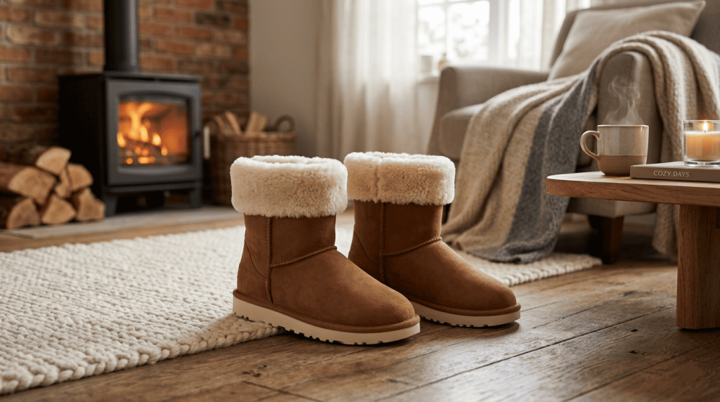 ottines style UGG vegan (forme iconique : boots fourrées, semelle épaisse), en intérieur cosy