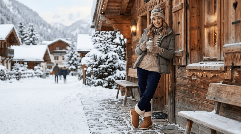 une personne portant des bottines type UGG vegan dans un décor hivernal