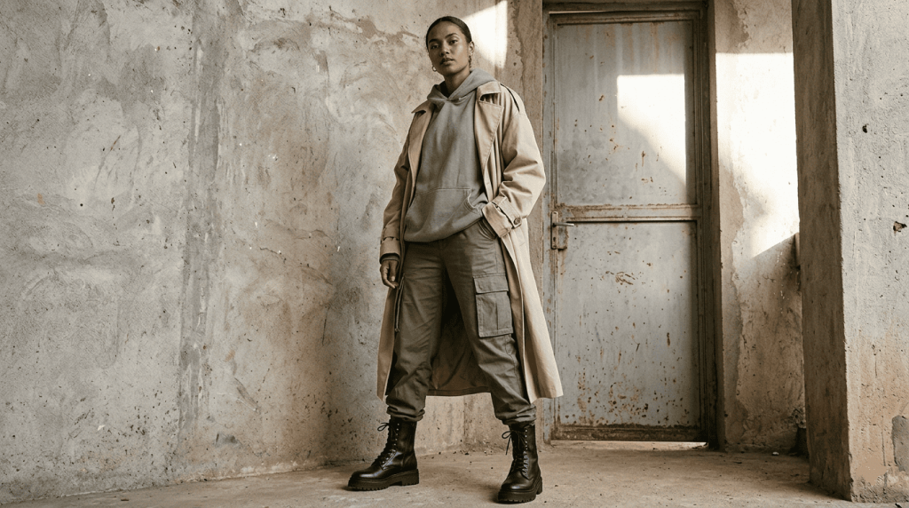 Femme portant des rangers vegan type combat boots