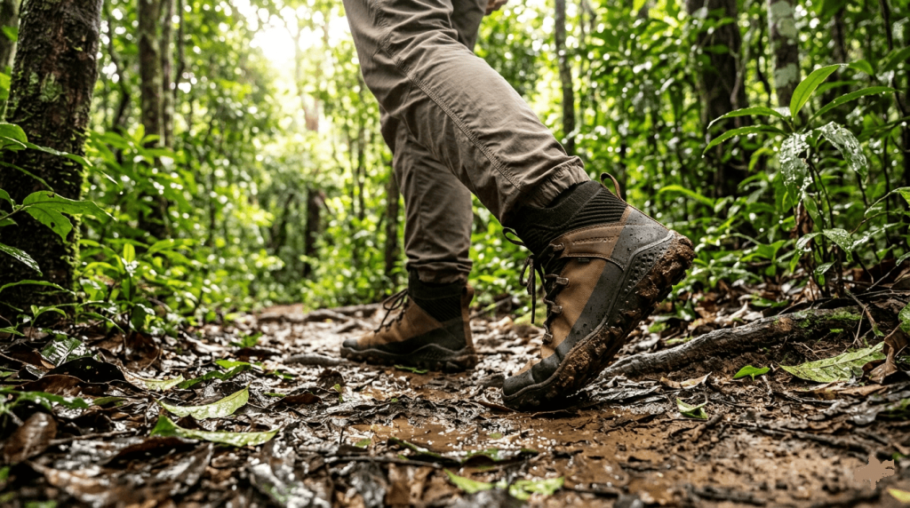 Femme en randonnée légère portant des rangers vegan robustes
