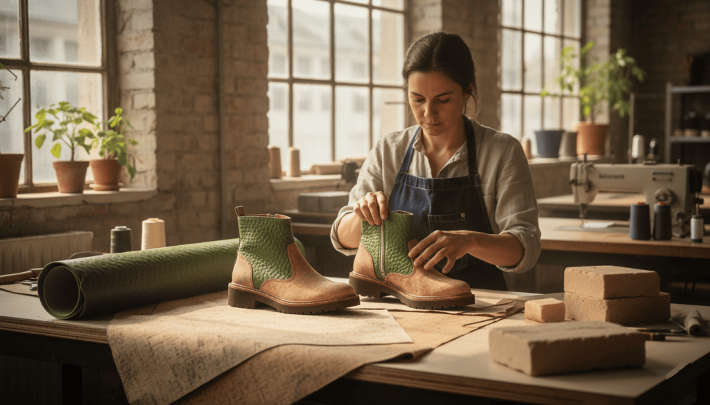 artisan assemblant une paire de bottines vegan