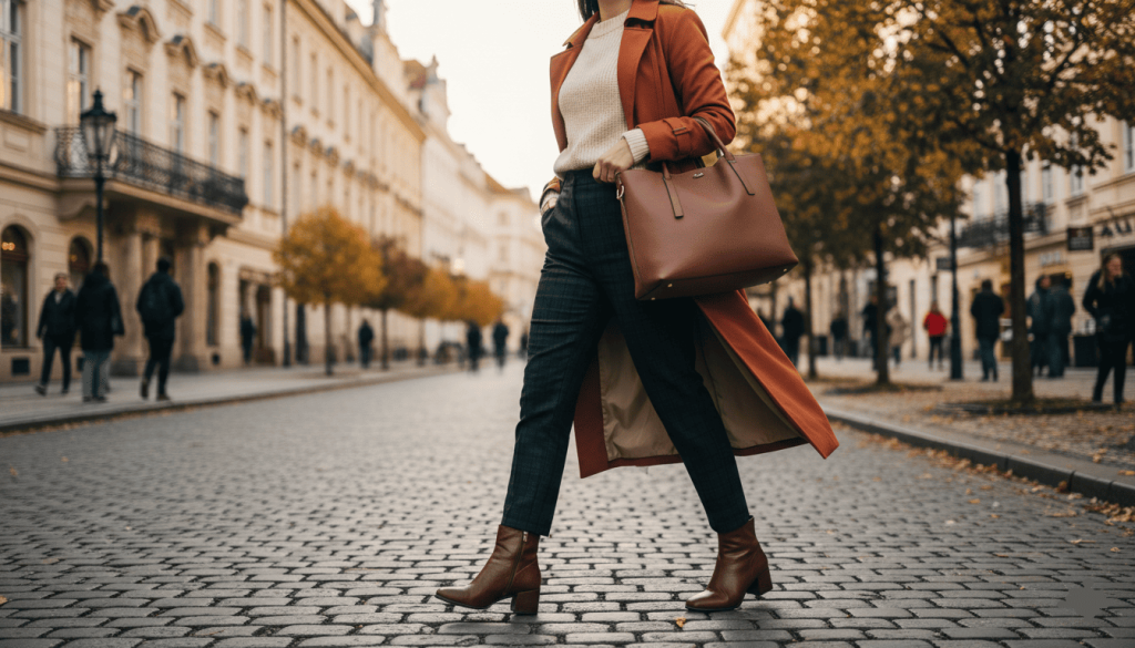 Femme marchant en ville avec des bottines vegan élégantes Matt & Nat, tenue moderne