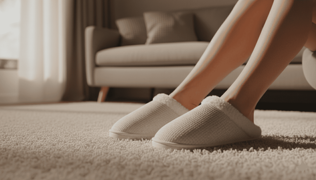 pieds portant des chaussons doux, canapé en arrière-plan
