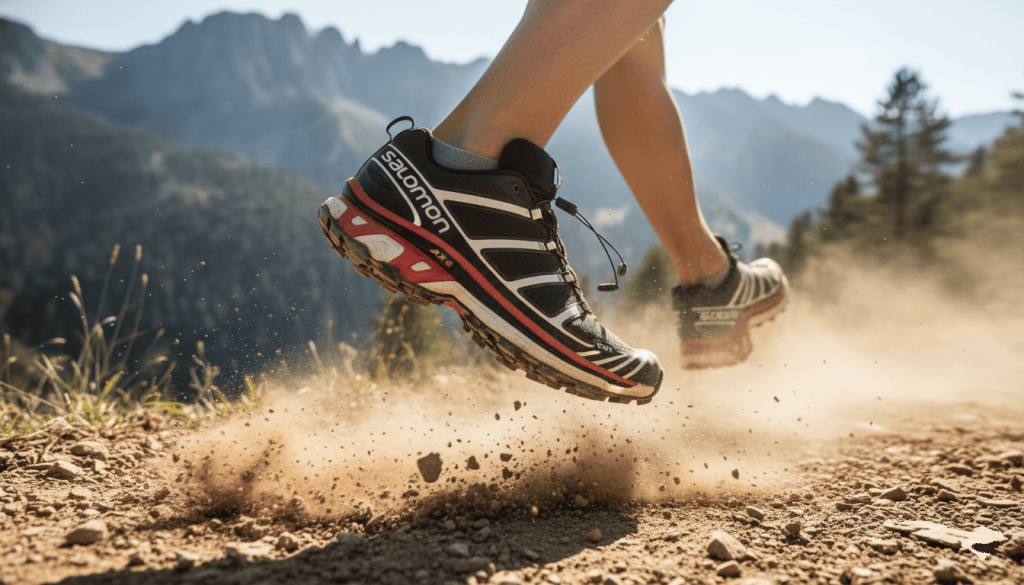 Photo dynamique sur sentier de montagne avec Salomon XT-6,