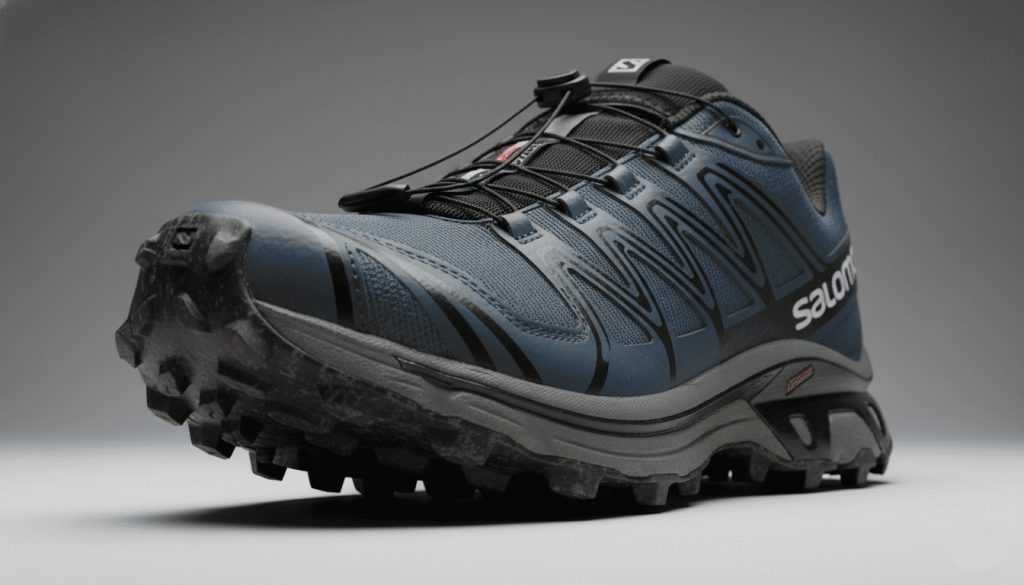 Gros plan d’une Salomon Speedcross montrant crampons et mesh,