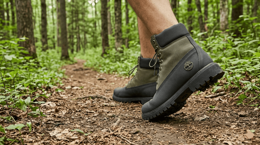 Bottes Timberland en version textile (pas cuir) sur sentier forestier, logo arbre visible