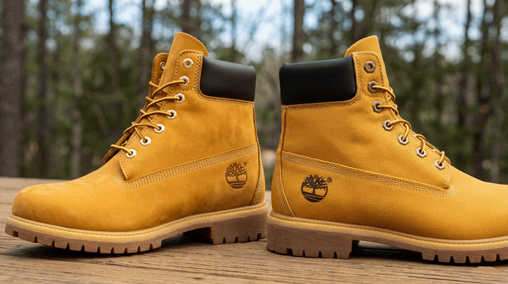 Une paire iconique jaune en cuir vs une version textile, contraste clair,