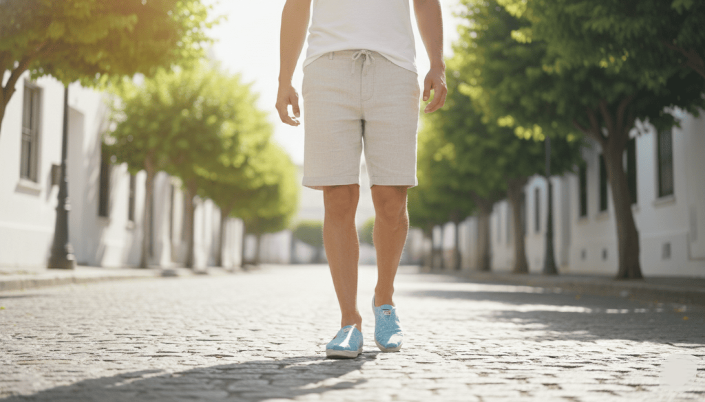 une personne marchant dans une rue ensoleillée avec des TOMS Alpargata en toile