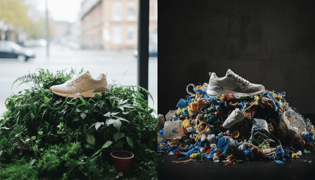une chaussure posée sur fond naturel (plantes) vs une chaussure posée sur des matériaux recyclés (plastique recyclé)