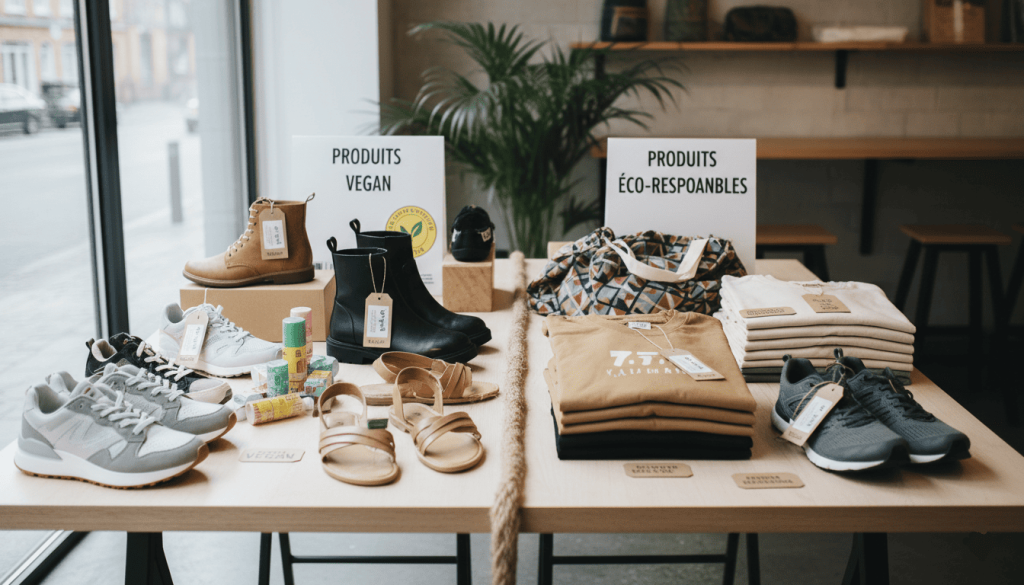 une table avec deux colonnes distinctes : produits vegan (chaussures sans cuir, étiquettes “vegan”) vs produits éco-responsables 