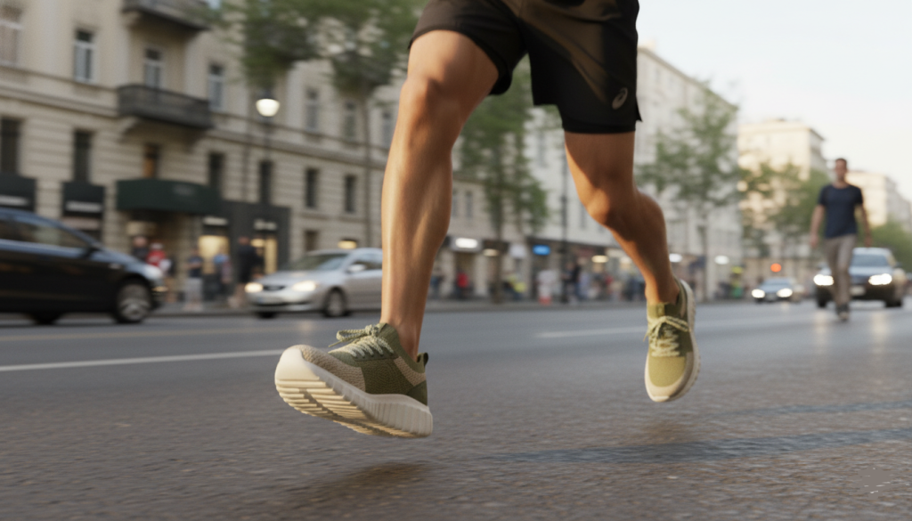 coureur en mouvement portant des baskets running vegan modernes, route urbaine