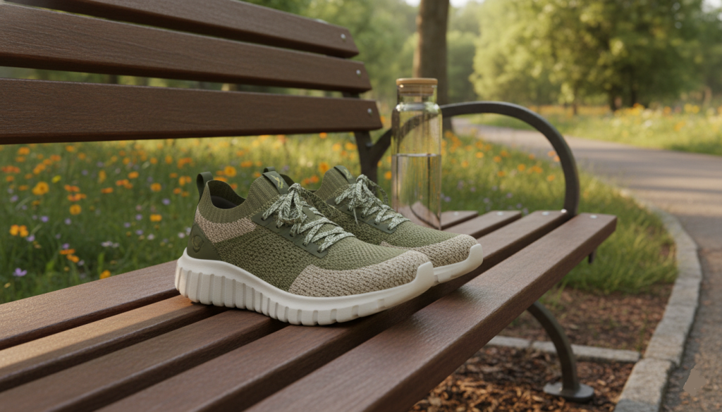 baskets de running végétal, posé sur une chaise dans le parc