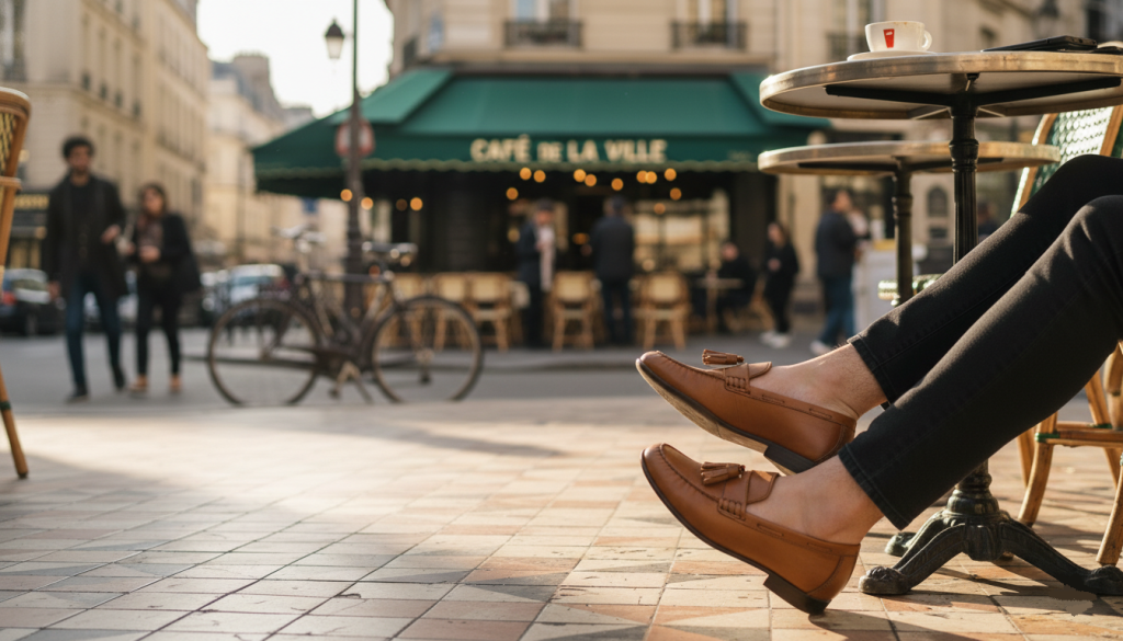 mocassins vegan portés en terrasse de café, ambiance urbaine, lumière naturelle