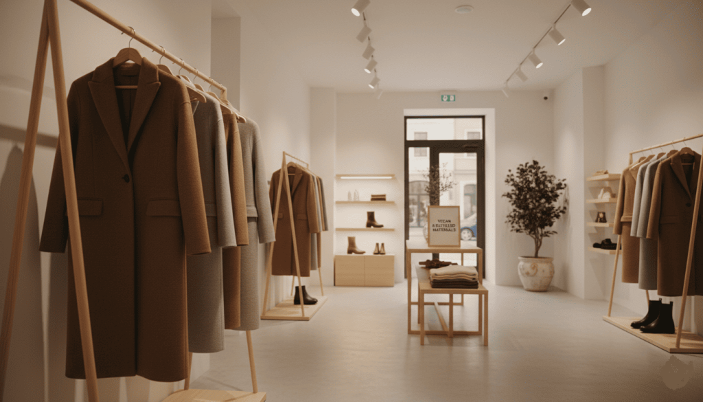 penderie avec plusieurs manteaux vegan dans une boutique de luxe