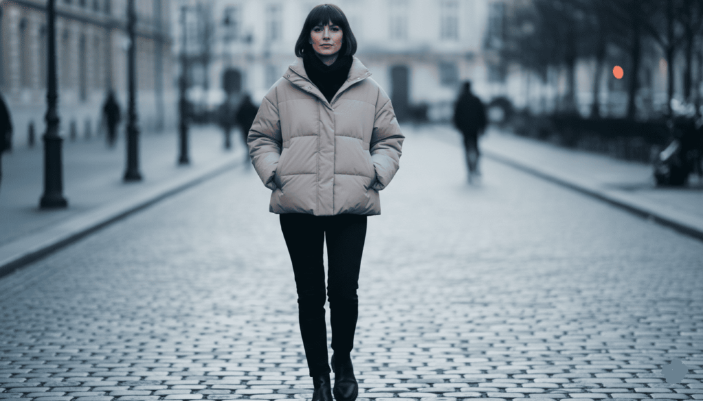 femme qui porte une doudoune vegan, environnement urbain