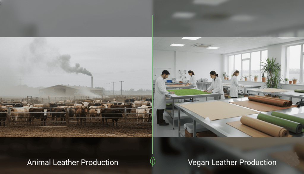 comparaison entre prodction de cuir animal et cuir végan