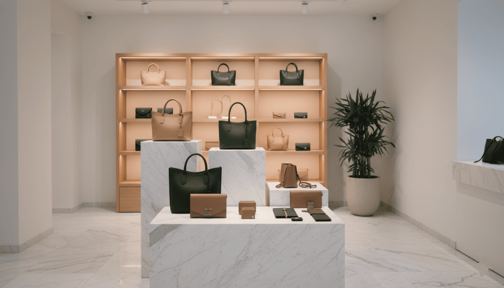 étagère et articles de luxe dans une boutique haut de gamme
