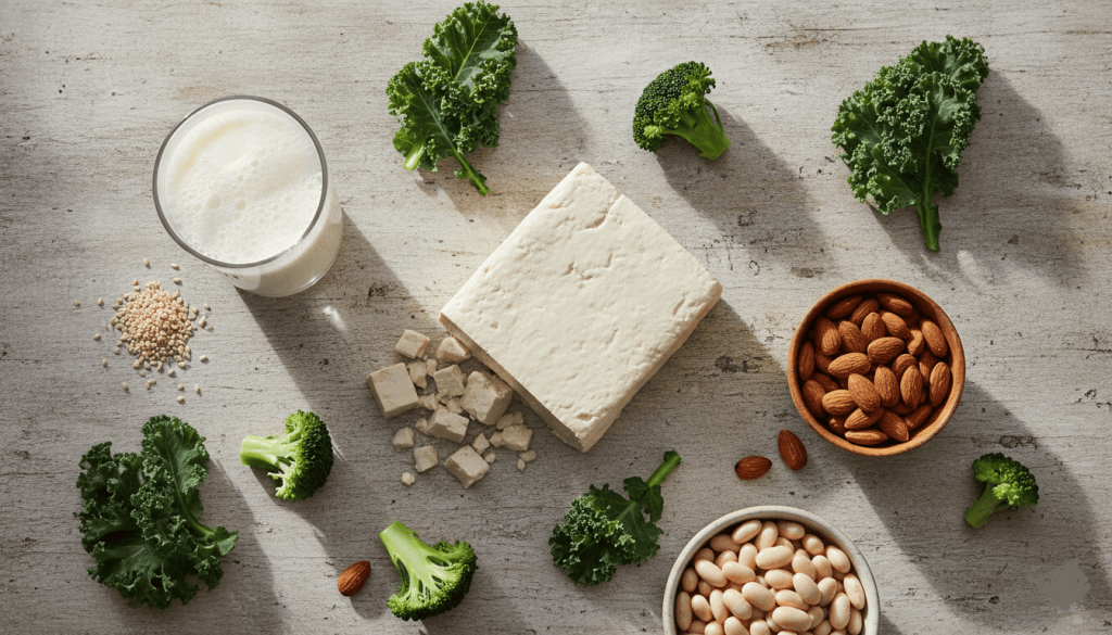 Aliments végétaux riches en calcium comme le tofu, le chou kale, les amandes, les graines de sésame et les haricots blancs.