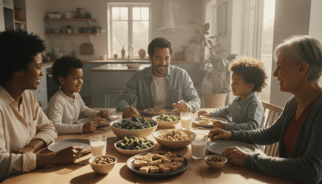Famille partageant un repas vegan équilibré composé de plusieurs sources végétales de calcium.