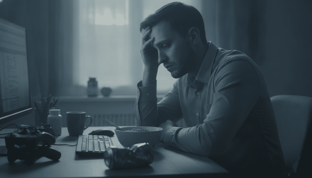 Jeune homme fatigué assis à son bureau, illustrant un possible symptôme de carence en vitamine B12.