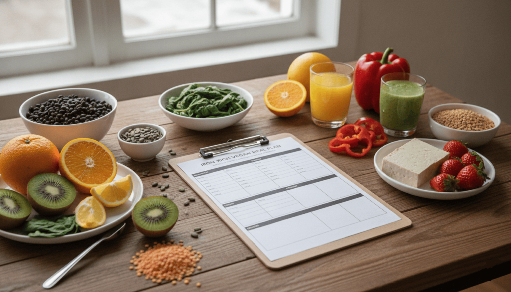 Plan alimentaire vegan intégrant des aliments riches en fer et des fruits riches en vitamine C.