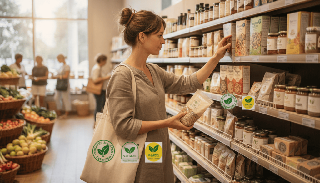 Personne faisant ses courses en sélectionnant des produits certifiés vegan.