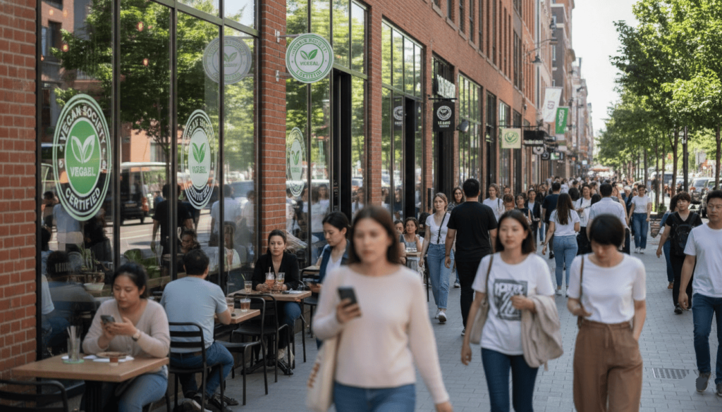 Rue commerçante avec plusieurs restaurants proposant des options vegan.
