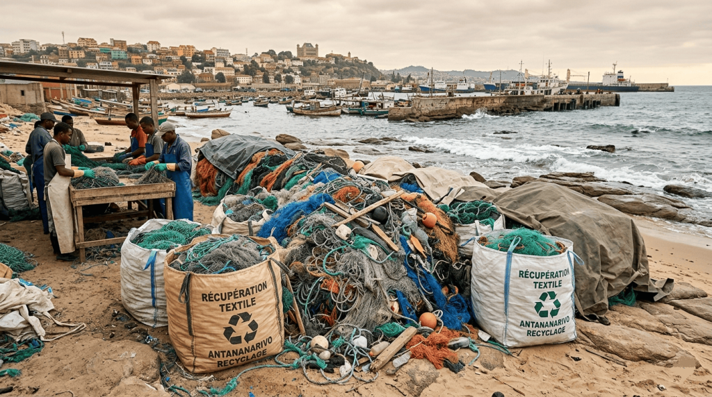 ilets de pêche usagés récupérés sur une plage ou dans un port, destinés au recyclage textile