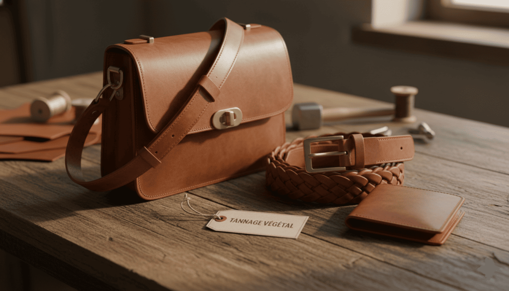 articles en cuir (sac, ceinture, portefeuille) posés sur une table en bois