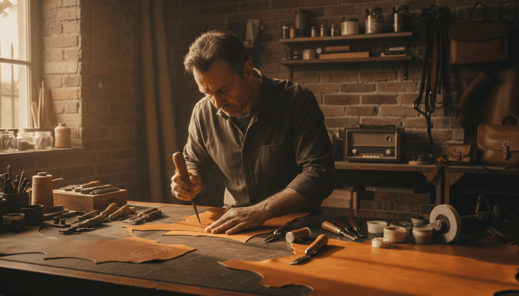 artisan maroquinier travaillant une pièce de cuir à tannage végétal dans un atelier