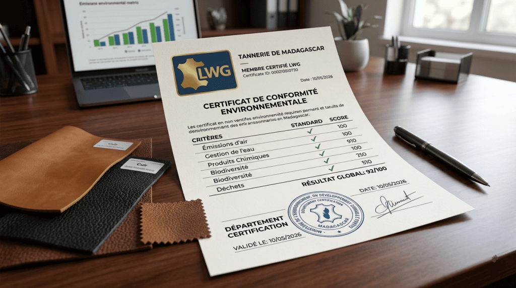 un document de certification environnementale posé sur un bureau avec échantillons de cuir,