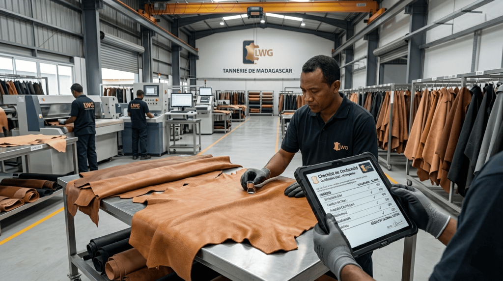 un professionnel inspectant des peaux de cuir dans une tannerie moderne