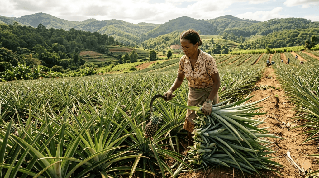 agriculteur au travail dans un champ d’ananas avec un focus sur les feuilles récoltées pour production textile