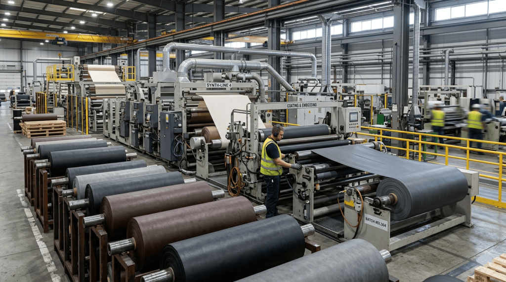 chaîne de production de simili cuir dans une usine,