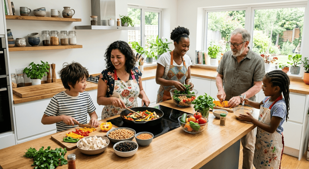 Une famille multigénérationnelle et joyeuse cuisine ensemble dans une cuisine lumineuse. Sur l'îlot central en bois sont disposés des ingrédients vegans : tofu en dés, pois chiches, lentilles corail, haricots noirs et légumes frais colorés.