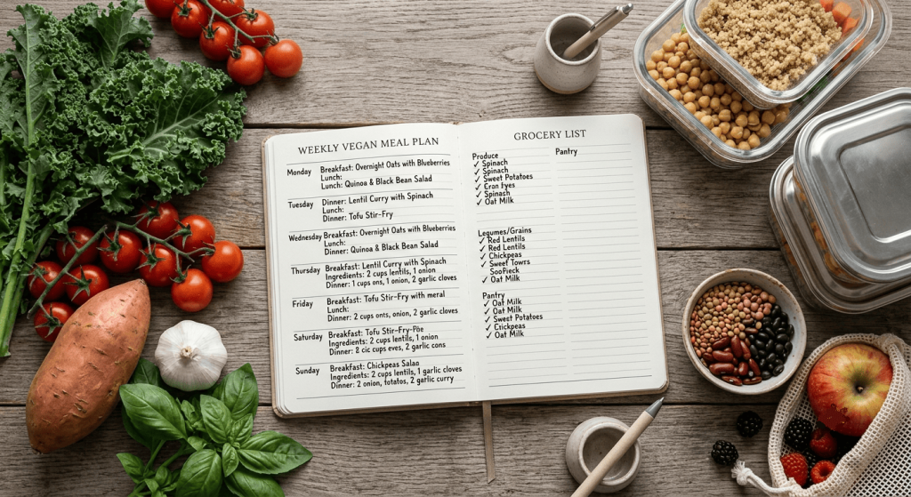 menu journalier vegan pendant une semaine dans un carnet de note posé sur une table de cuisine