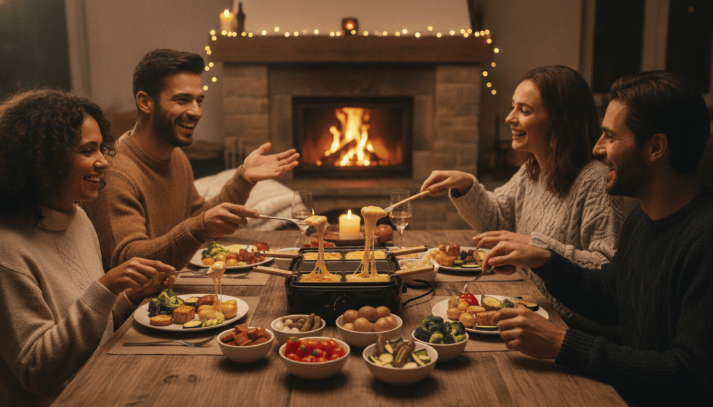 Quatre amis souriants dînent autour d'une table en bois devant une cheminée allumée. Ils étirent du fromage à raclette vegan fondant et filant depuis l'appareil central pour l'ajouter sur leurs assiettes garnies de légumes.